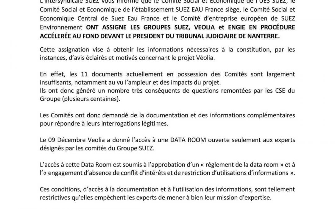 CDP / ASSIGNIATION DES GROUPES SUEZ, VEOLIA et ENGIE EN PROCÉDURE ACCÉLERÉE AU FOND DEVANT LE PRESIDENT DU TRIBUNAL JUDICIAIRE DE NANTERRE.