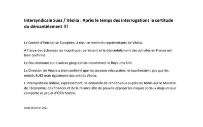 Intersyndicale Suez / Véolia : Après le temps des interrogations la certitude du démantèlement !!!