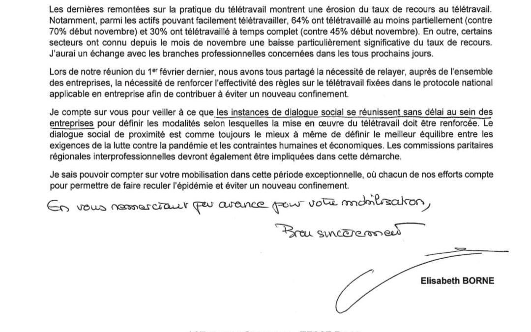Courrier @Elisabeth_Borne pour renforcer le #teletravail