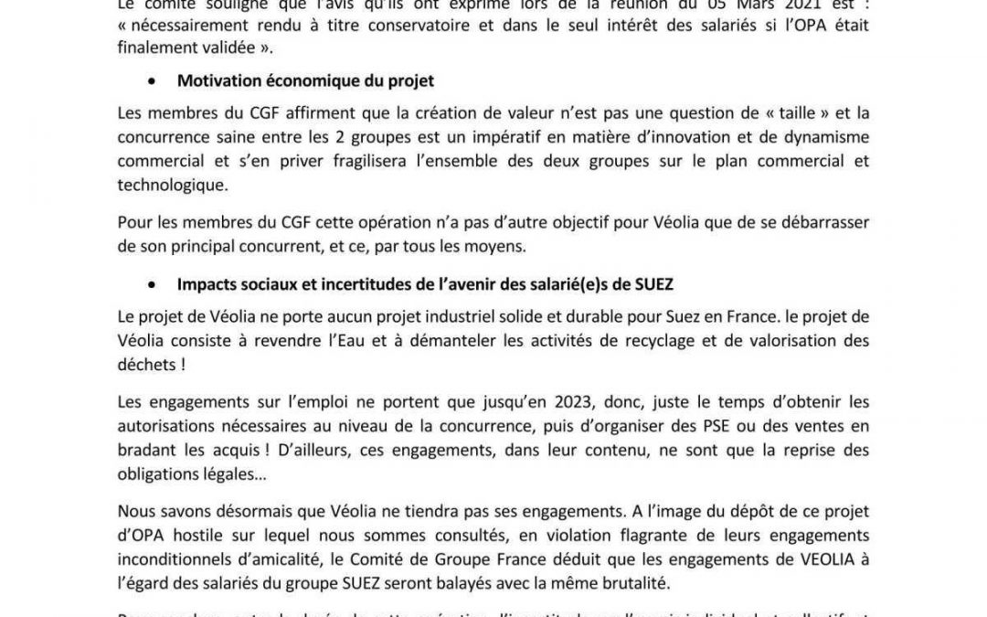 Le comité de Groupe France SUEZ rejette unanimement le projet d’OPA hostile de Véolia