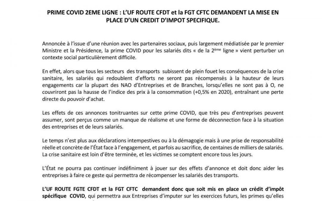 PRIME COVID 2EME LIGNE : La FGT CFTC et l&rsquo;’UF ROUTE CFDT   DEMANDENT LA MISE EN PLACE D’UN CREDIT D’IMPOT SPECIFIQUE.